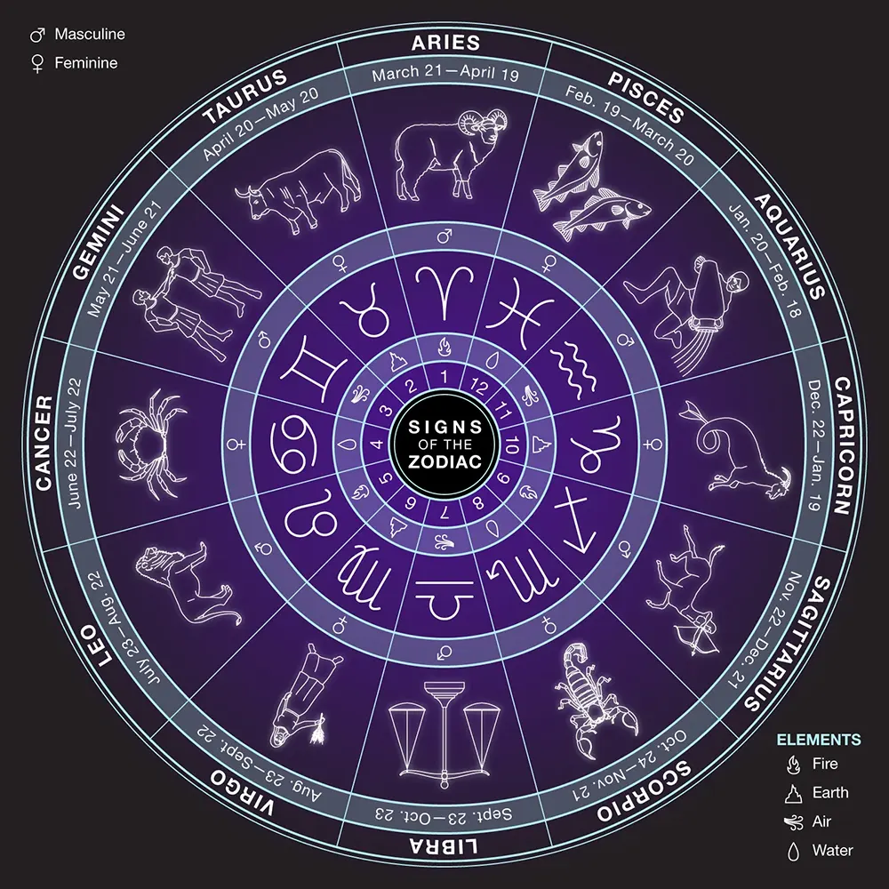 Illustration of the 12 zodiac signs and how they affect astrology in daily life