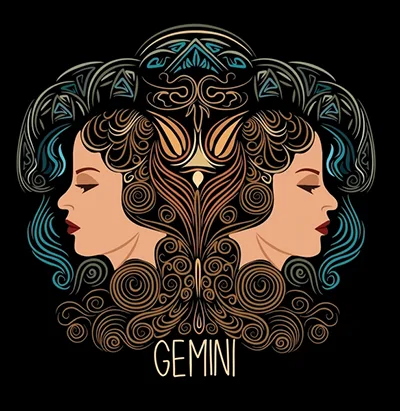 An artistic illustration of the Gemini zodiac sign, symbolizing duality and communication