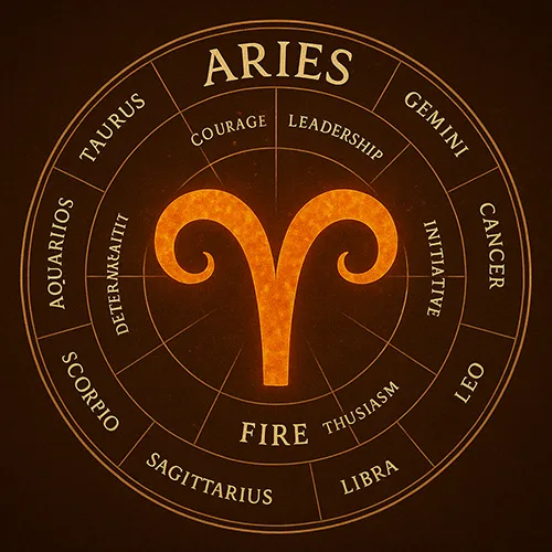 An astrological wheel highlighting Aries traits and influences