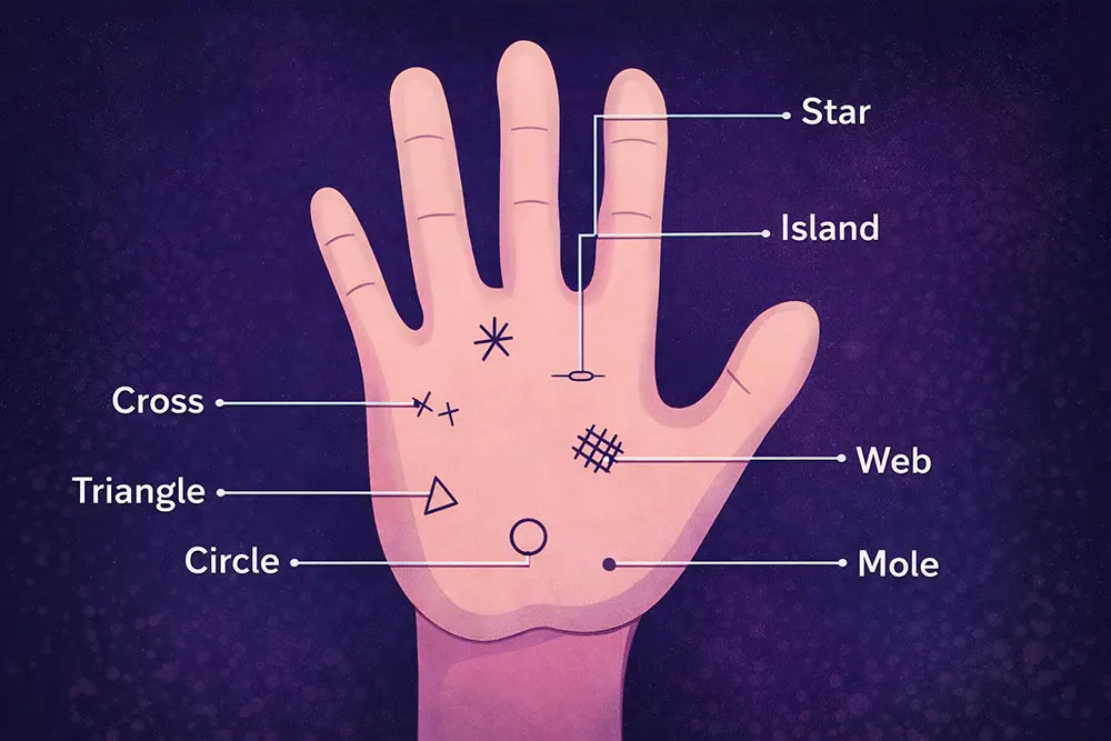 Diagram illustrating various symbols in palmistry including island on life line