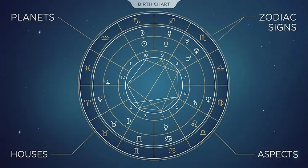 What Is a Birth Chart? Unlocking Its Cosmic Secrets 2 Labeled birth chart wheel diagram showing planets, zodiac signs, houses, and aspects in astrology