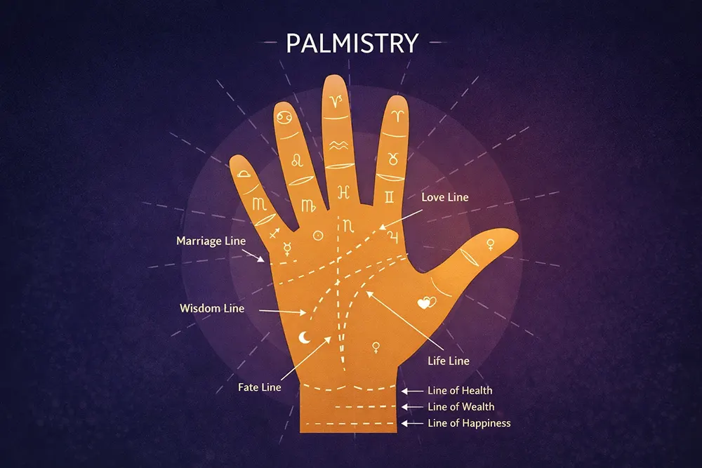 Detailed palmistry map labeling lines including life line and island markings