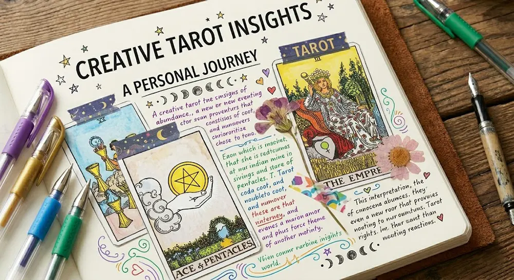 Creative tarot journal page decorated with card sketches, colors, and washi tape for engaging recording
