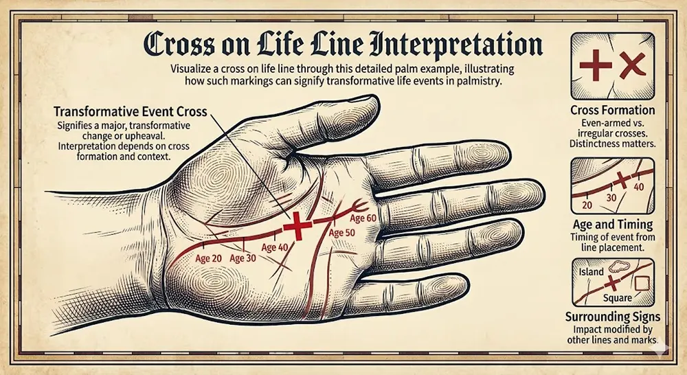 Life Line Crosses and Stars in Palmistry: Good or Bad Omens? 3 Example of a cross on life line in palmistry reading