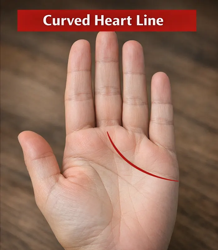 Diagram showing a curved heart line in palmistry indicating passionate and empathetic personality traits