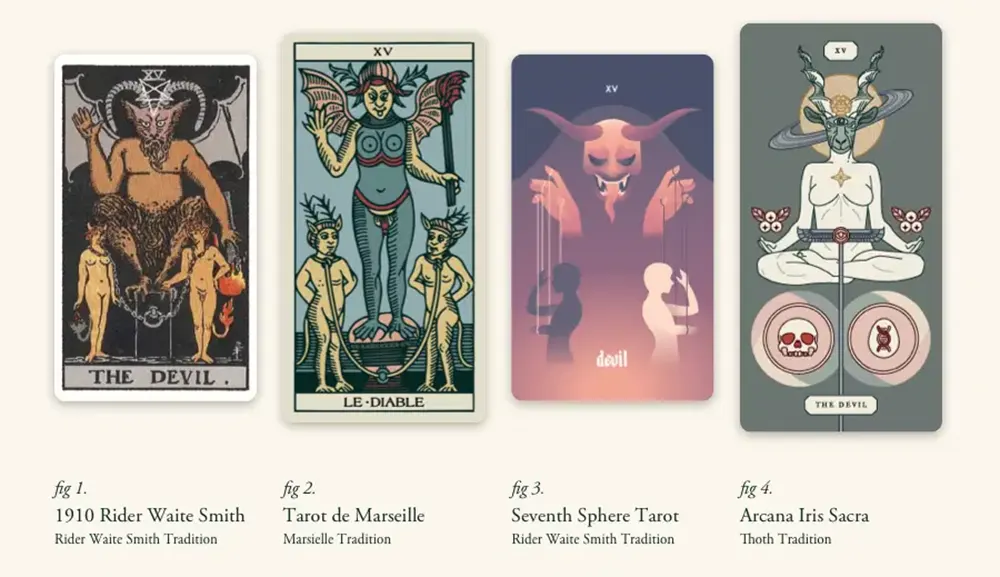 Dealing with Negative Tarot Cards: Essential Tips for Handling Difficult Cards During a Reading 4 Variations of the Devil tarot card for negative tarot readings
