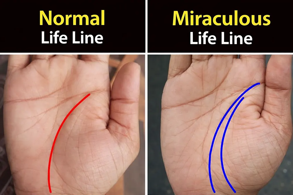 Double Life Line Meaning: Extra Protection or Double Destiny in Palmistry? 3 Close-up of a palm showing two life lines indicating double life line meaning in palmistry