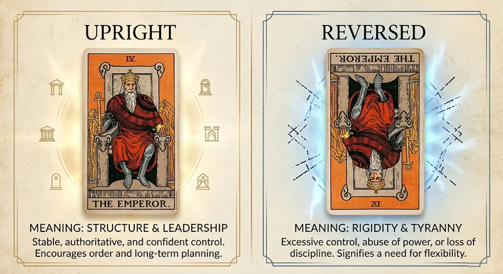 Comparison of upright and reversed Emperor tarot card meaning – from confident authority to rigid control