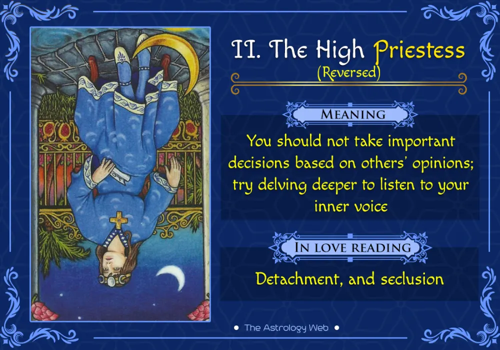 Depiction of The High Priestess Tarot card in reversed position, symbolizing blocked intuition and hidden secrets