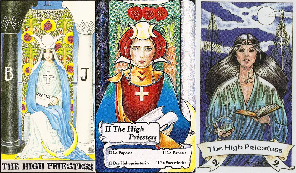 Illustration of The High Priestess Tarot card from the Rider-Waite deck, showcasing pillars, veil, and crescent moon symbolizing intuition and hidden mysteries