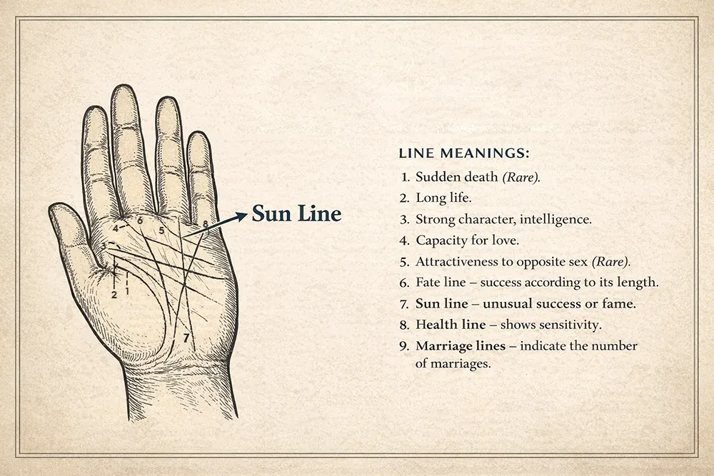 Sun Line in Palmistry: Does It Guarantee Fame and Success? 3 Vintage engraving of a palm with labeled lines, including the Sun Line in Palmistry