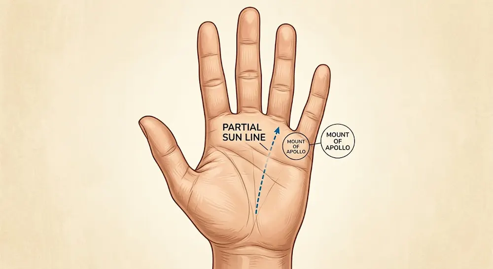 Partial Sun Line in Palmistry: Emerging Talent and Recognition 2 Labeled diagram of a palm showing the partial Sun Line rising toward the Mount of Apollo in palmistry