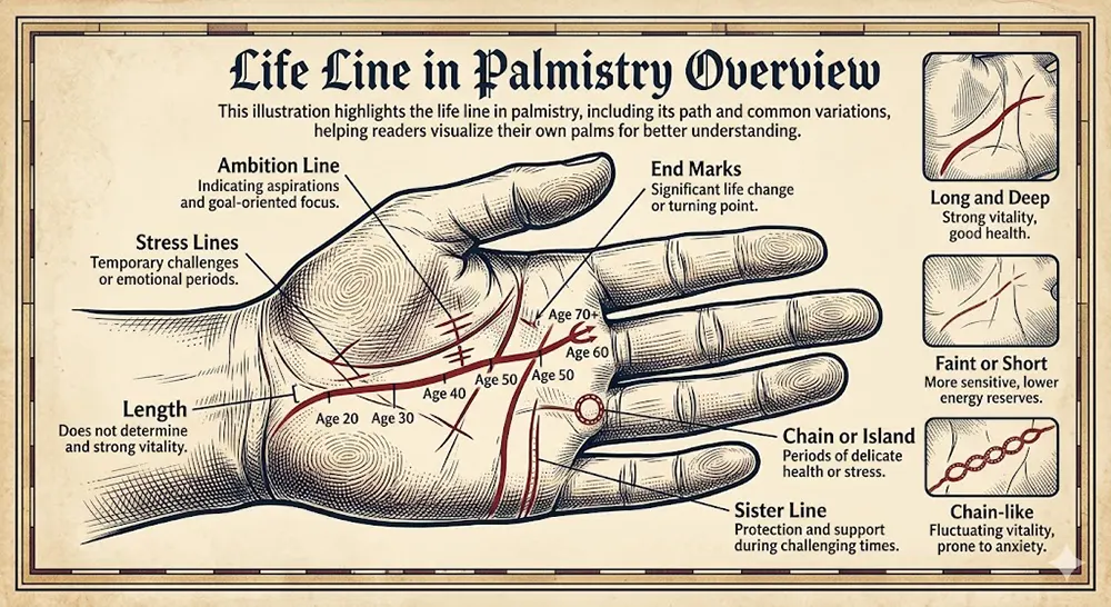 Life Line Crosses and Stars in Palmistry: Good or Bad Omens? 2 Detailed diagram showing the life line in palmistry with key markings