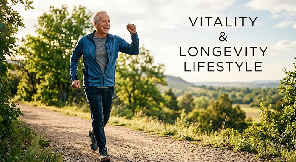 Life Line Ending in a Fork: Paths to Longevity 4 Energetic older adult enjoying outdoor activity, representing vibrant health and longevity through positive lifestyle choices.