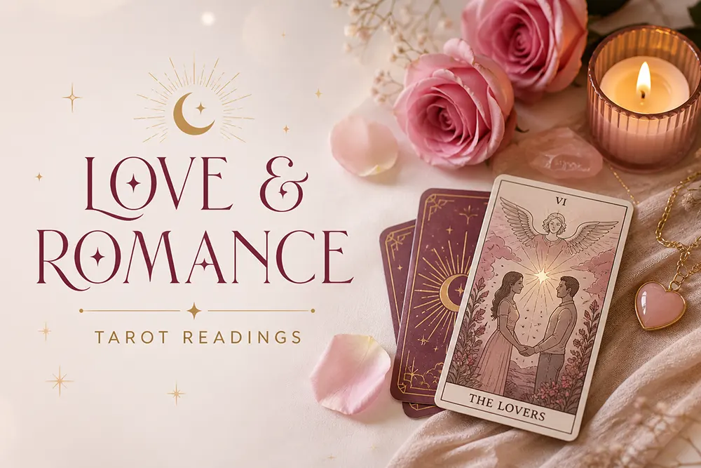 Love tarot reading spread with The Lovers and Ace of Cups cards for romance guidance