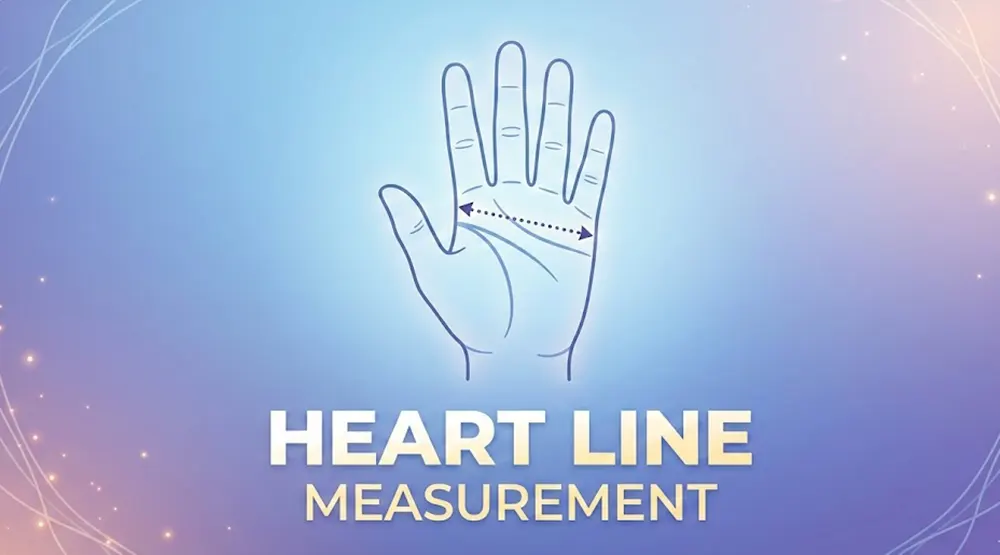 Step-by-step guide to measuring heart line length in palmistry with labeled palm diagram
