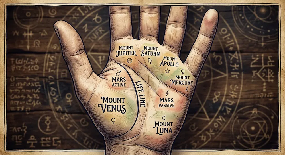 Labeled diagram of human palm showing all major mounts and the Life Line in palmistry