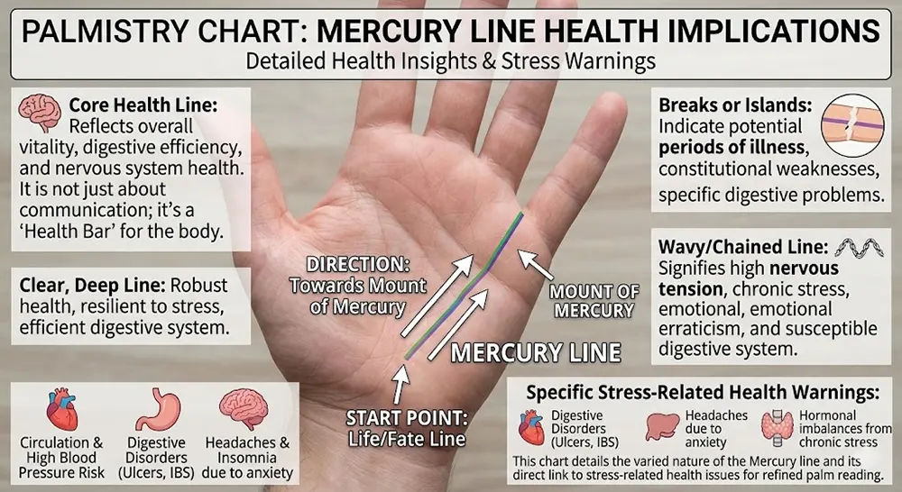 Comprehensive palmistry chart illustrating the Mercury line in palmistry and its health implications, including mercury line health issues