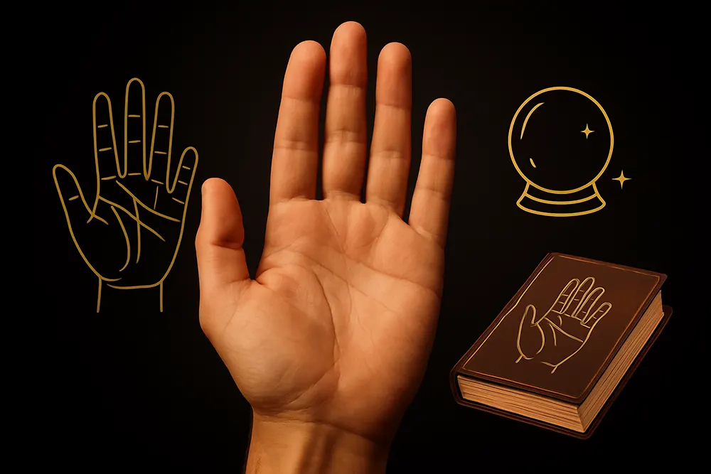 Palmistry hand diagram showing heart line, head line, life line, and fate line