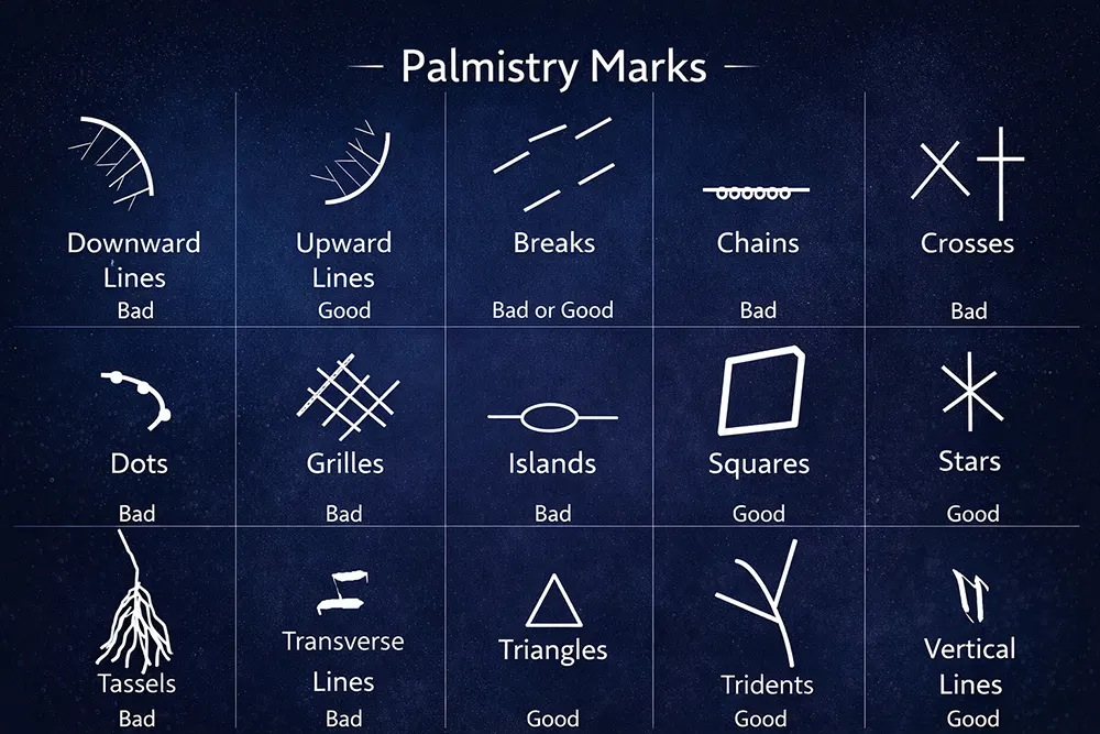 Table of palmistry marks including islands on life line