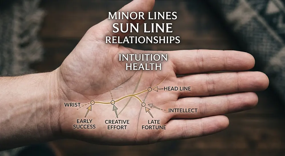 Palmistry diagram showing Sun Line starting points and their wealth meanings in hand reading