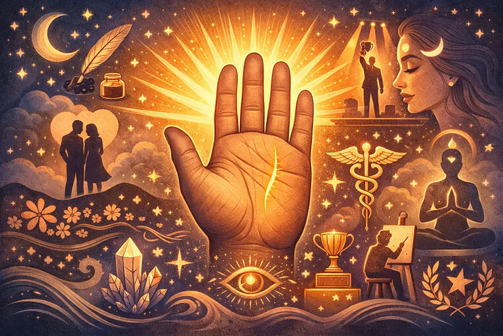 Partial Sun Line in palmistry on a human hand highlighting emerging talent and recognition