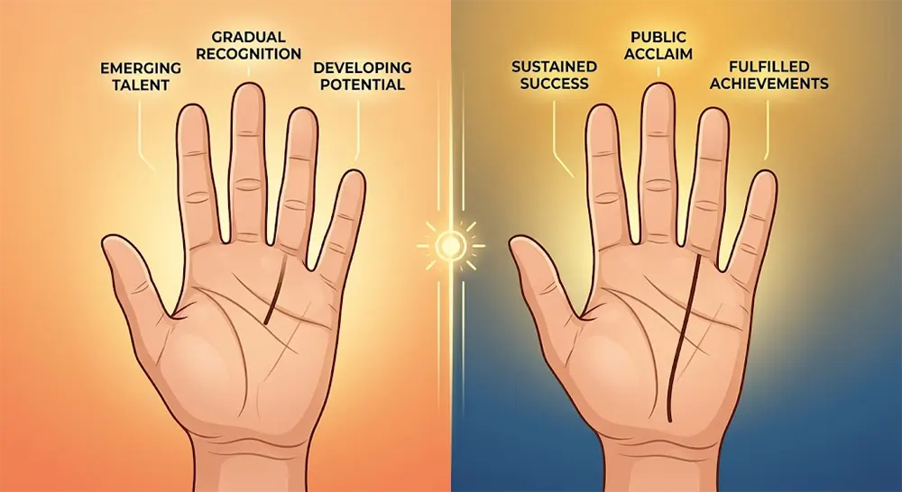 Partial Sun Line in Palmistry: Emerging Talent and Recognition 3 Side-by-side comparison of partial Sun Line and full Sun Line in palmistry showing emerging talent versus sustained success