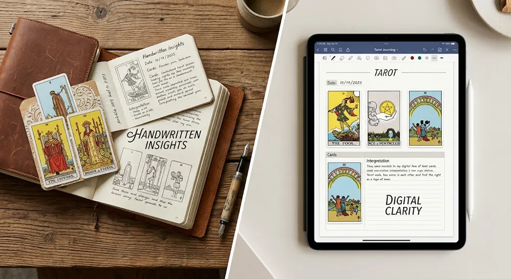 Comparison of physical leather tarot journal and digital tablet for recording tarot readings
