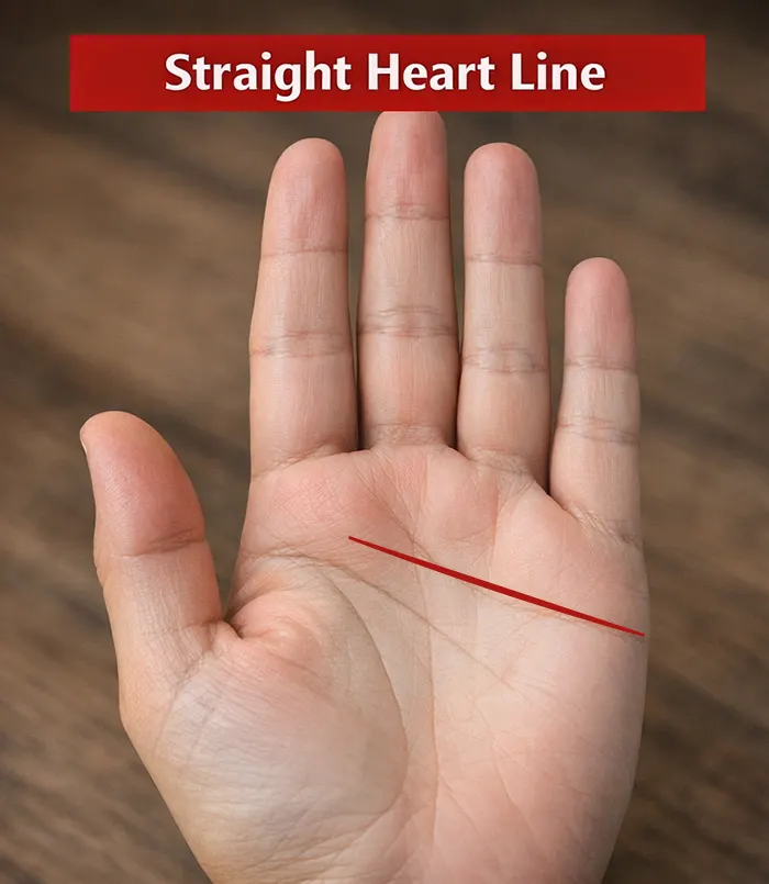 Illustration of a straight heart line in palmistry revealing logical and reserved personality traits