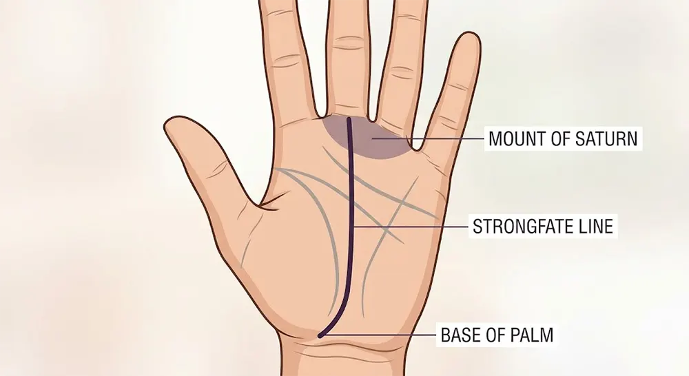 Famous Personalities with Strong Fate Lines 2 Labeled diagram of a strong fate line on a human palm showing its path from the base to the Mount of Saturn in palmistry