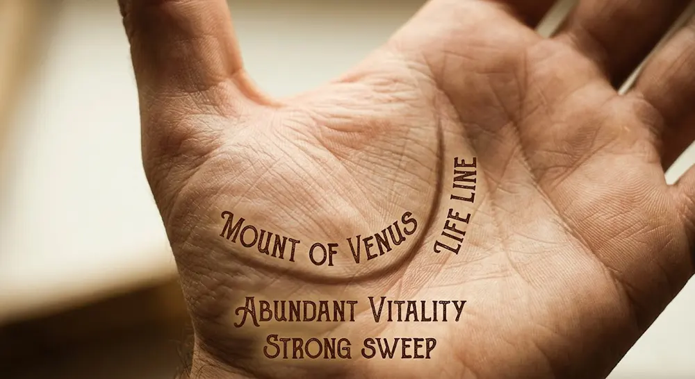 Close up of well-developed Mount of Venus and strong sweeping Life Line in palmistry