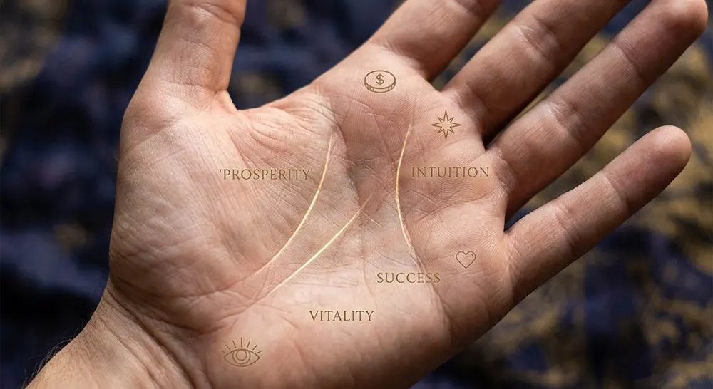 Sun Line and Fate Line combination on palm showing wealth potential in palmistry