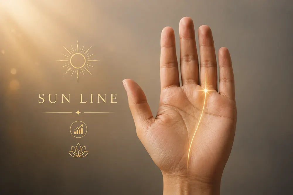 Sun Line palmistry wealth — clear Apollo Line on open palm showing financial creativity