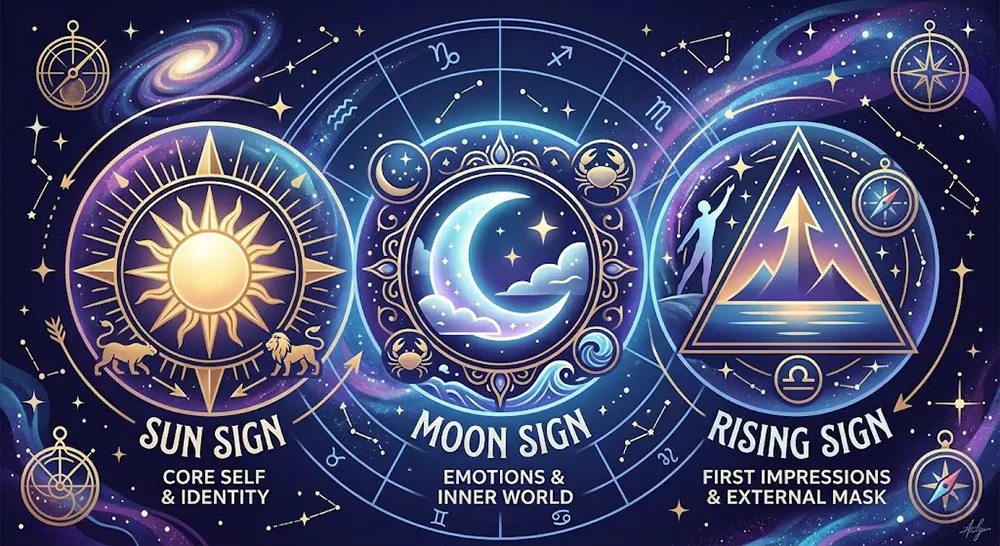 What Is a Birth Chart? Unlocking Its Cosmic Secrets 3 Illustration of the Big Three in a birth chart: Sun sign, Moon sign, and Rising sign explained
