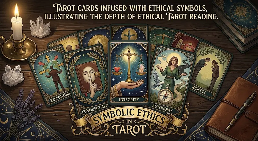 Tarot cards featuring symbols of ethics in reading