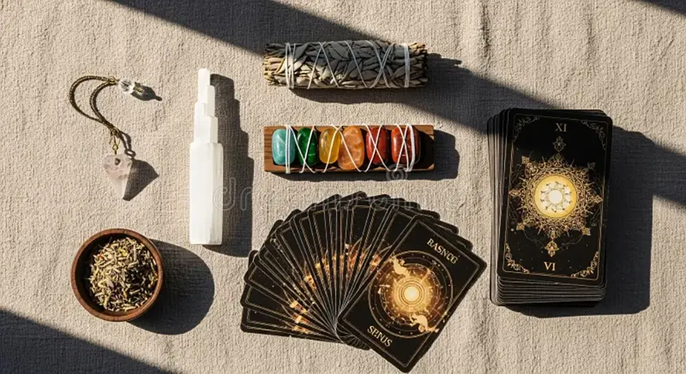 Complete tarot reading setup featuring cards, pendulum, and crystals for clarity