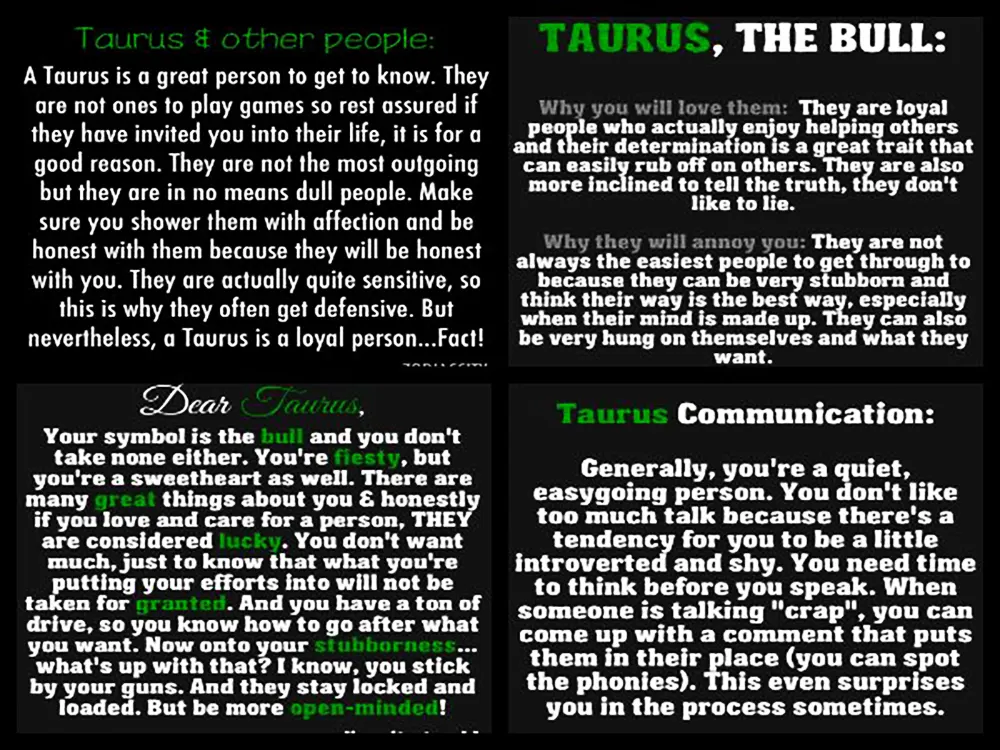 Infographic detailing Taurus personality traits including reliability and love for luxury