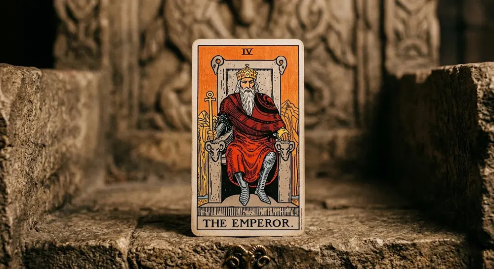 The Emperor tarot card upright on a stone throne with ram heads symbolizing Aries energy and authority