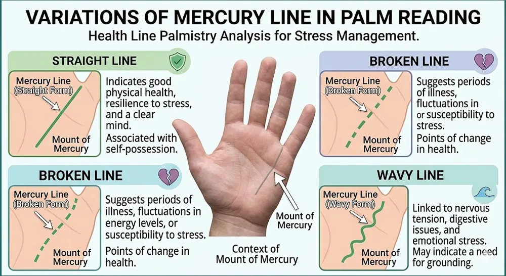 Illustrations of variations in the Mercury line in palmistry, including straight, broken, and wavy forms for health line palmistry analysis