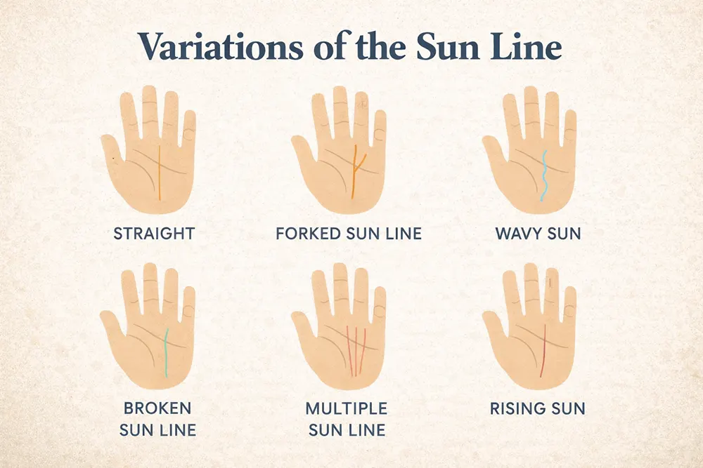 Sun Line in Palmistry: Does It Guarantee Fame and Success? 4 Illustrations of different Sun Line variations in Palmistry, including straight, broken, and forked types