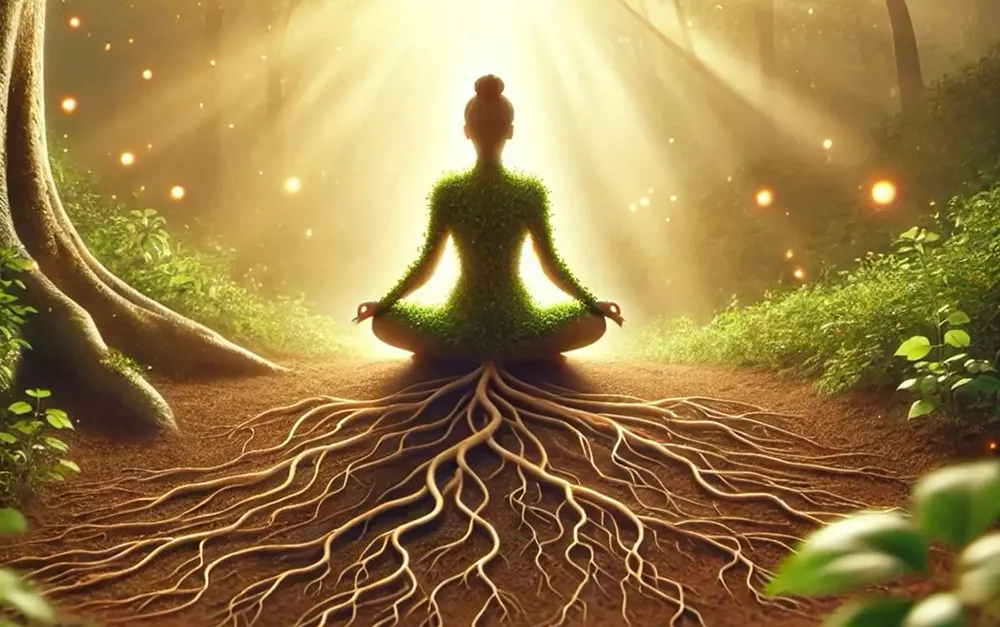The Importance of Grounding Before a Tarot Reading 5 Tarot practitioner visualizing a grounding cord during meditation before a tarot reading for enhanced intuitive connection
