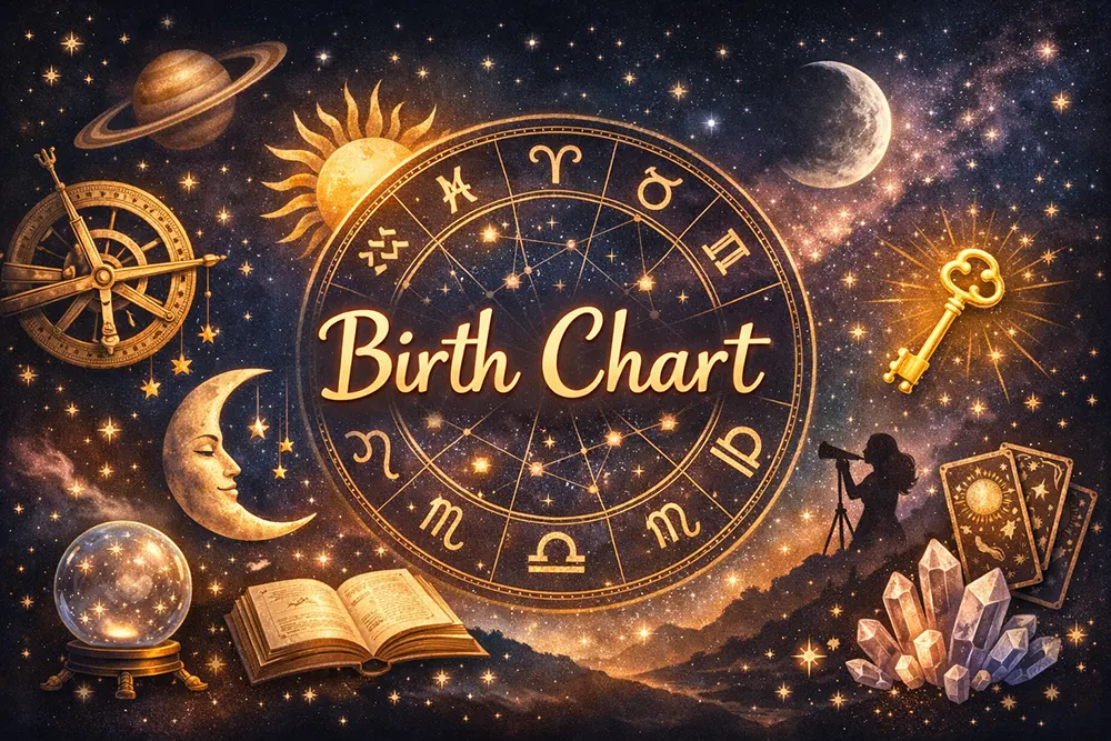 Beautiful circular birth chart wheel with planets and zodiac signs on a cosmic starry background